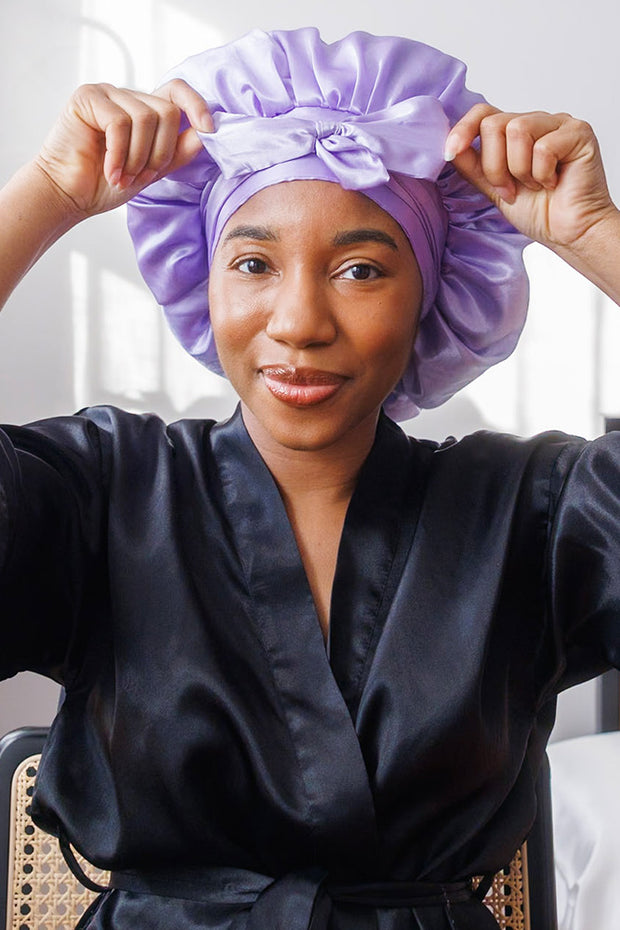 Lilac Satin Bonnet with Ties