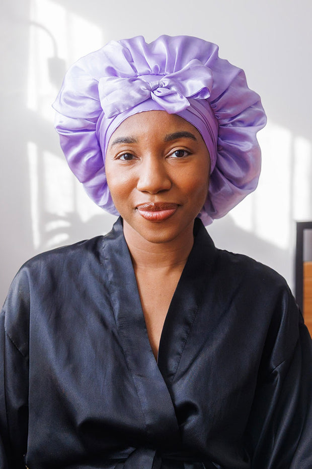 Lilac Satin Bonnet with Ties