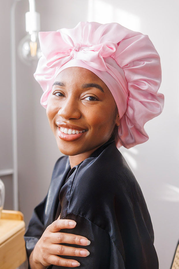 Pink Satin Bonnet with Ties